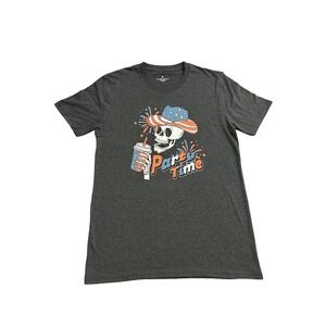 Party Time Skeleton Vintage Graphic T-Shirt Mens Medium Gray USA Hat NWT